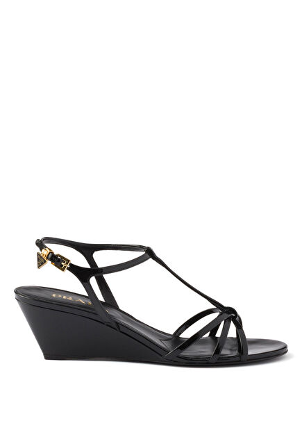 Black Patent Leather Women Wedge Heel Sandals