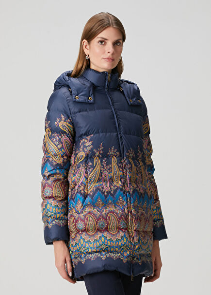 Mavi Şal Desenli Puffer Mont