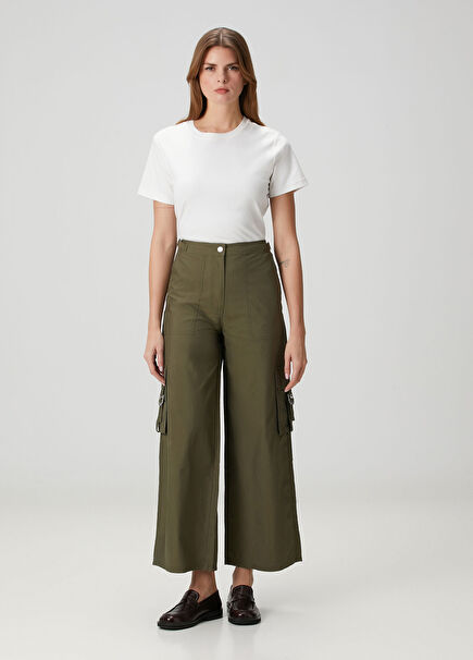 Yeşil Wide Leg Twill Kargo Pantolon