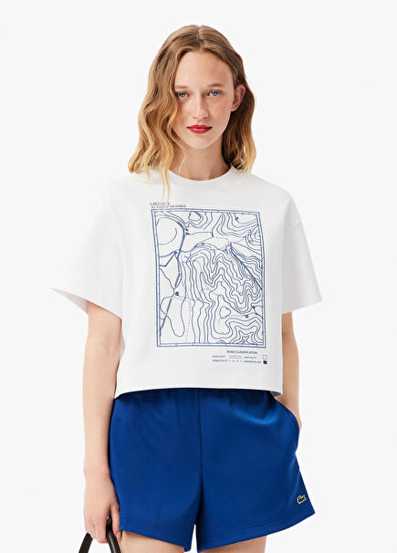 Beyaz Baskılı Bisiklet Yaka Oversize Fit Kadın T-Shirt