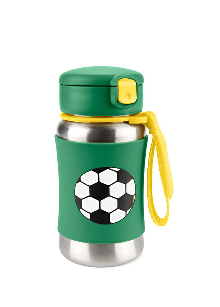 Football Patterned Green Steel Children's Drinker with Straw