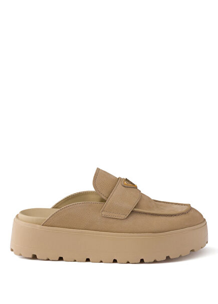 Beige Nubuck Flat Platform Women's Closed Slippers