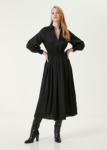 Black V-Neck Midi Shirt Dress
