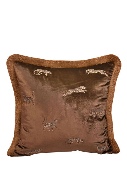 Dekoratif Leopar Desenli Kahverengi Kadife Kırlent Kılıfı 45 x 45 cm