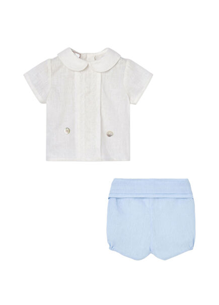 Krem Keten Kısa Kollu Bluz ve Mavi Şort Erkeke Bebek 2'li Set