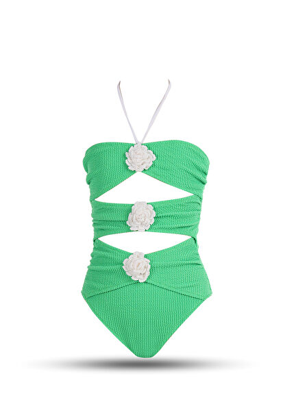 Green Handcrafted Rose Detailed Cut-Out Halter Neck Girls' Swimsuit