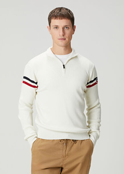 Wengen Bej Yakası Fermuarlı Yün Kazak