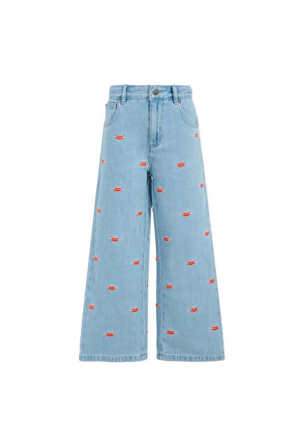 Figür Nakışlı Kız Çocuk Denim Pantolon