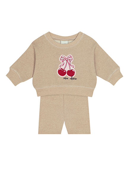 Kiraz Desenli Sweatshirt Biker Tayt Kız Bebek 2'li Set