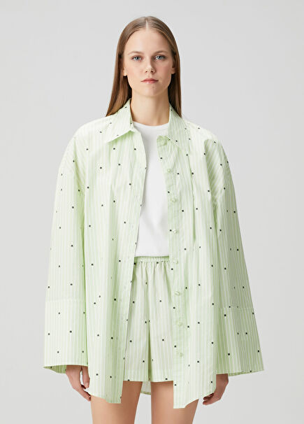 Oversized Green White Striped Poplin Shirt