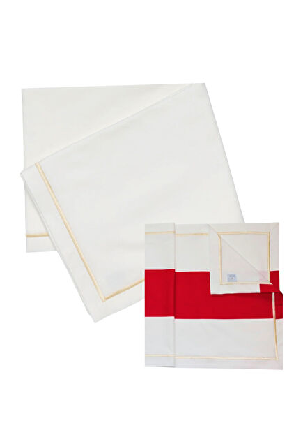 Off-White Red Cotton Yeast Ivory Tablecloth and Gloria Runner