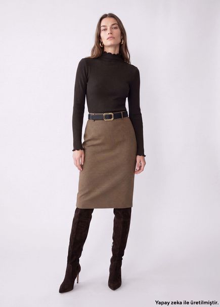 Tan Houndstooth Patterned Midi Wool Tube Skirt