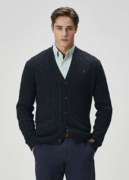 Navy Blue Knitted Textured Cardigan