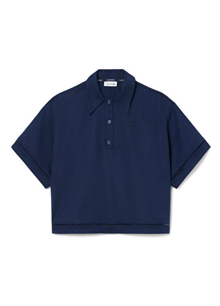 Lacivert Polo Yaka Oversize Fit Truvakar Kollu Kadın T-shirt