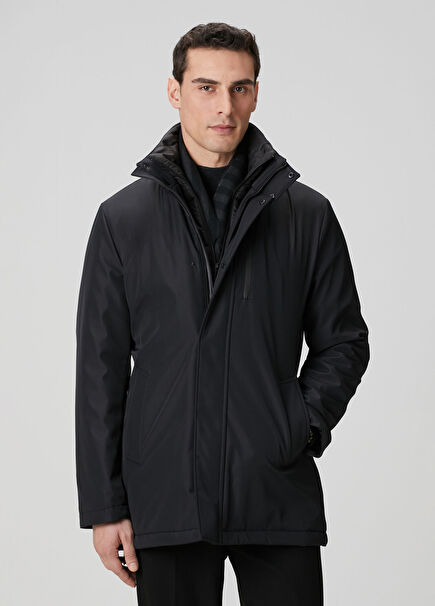 Black High-Neck Zipper Detail Casual Coat