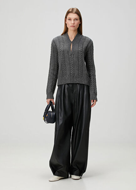 Siyah Wide Leg Deri Pantolon