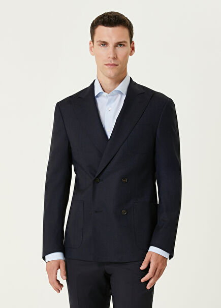 Navy Blue Double-Breasted Wool Stretch Jacket