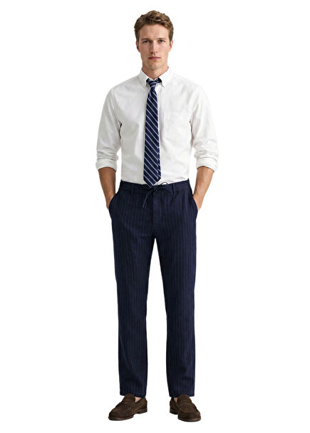 Lacivert Keten Çizgili Regular Fit Erkek Pantolon