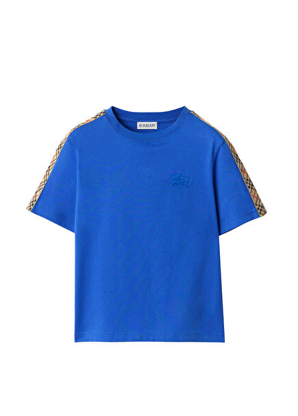 Check Trim Mavi Kısa Kollu Unisex Çocuk T-Shirt
