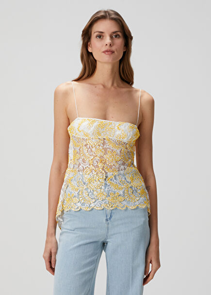 Yellow White Lace Blouse
