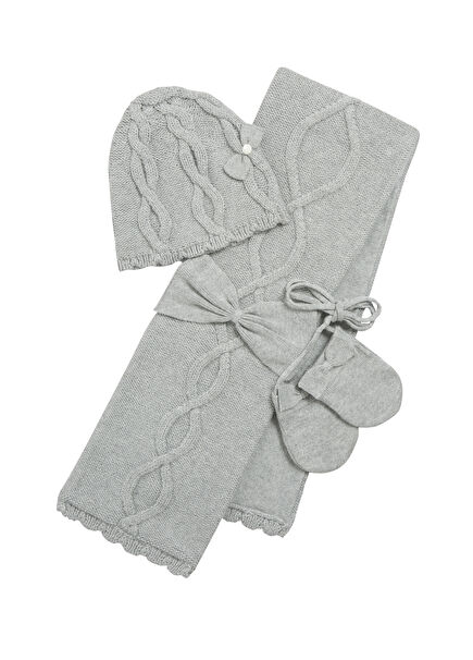Grey Bow Baby Girl Beanie & Scarf & Gloves Set of 3 