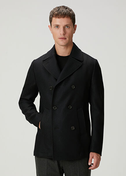 Siyah Kruvaze Yün Palto