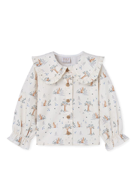 Desenli Ekru Yaka Detaylı Uzun Kollu Kız Bebek Bluz