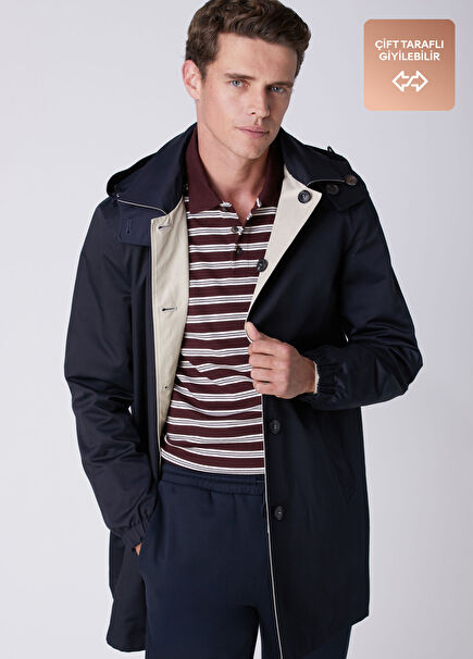 Navy Blue Beige Hooded Reversible Overcoat