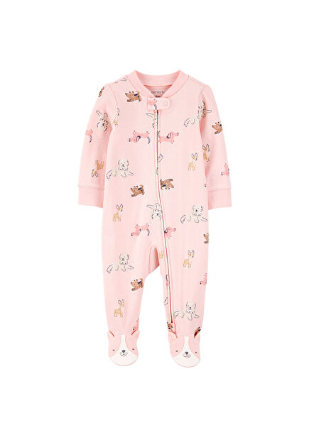 Pembe Hayvan Desenli Pamuklu Kız Bebek Uyku Tulumu
