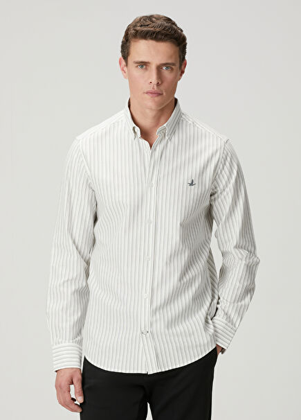 Comfort Fit Beyaz Gri Çizgi Desenli Oxford Gömlek