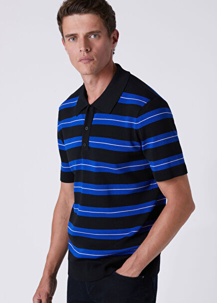 Sax Polo Striped Jacquard Short Sleeve Sweater