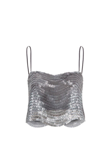 Gri Pullu Boru Askılı Kadın Crop Bluz 