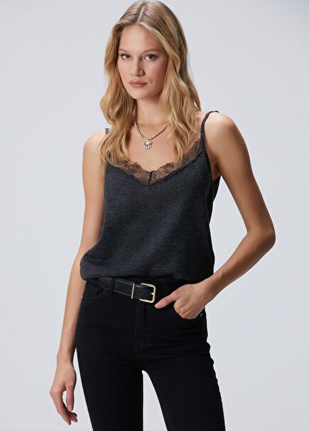 Antrasit Dantel Detaylı İnce Triko Atlet