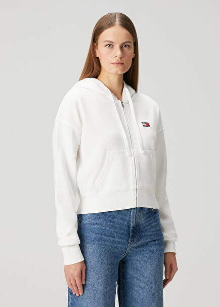 Boxy Fit Beyaz Kapüşonlu Fermuarlı Sweatshirt