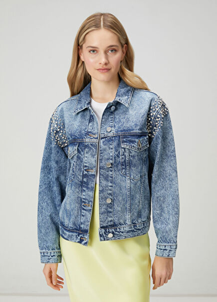 Mavi Taş İşlemeli Denim Ceket
