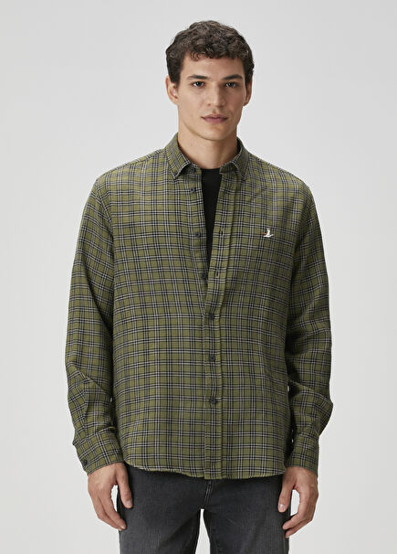 Comfort Fit Khaki Mini Plaid Print Shirt