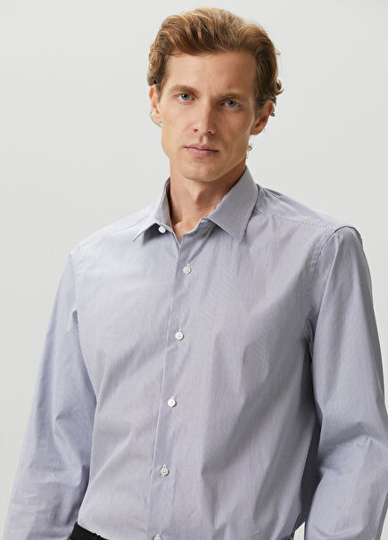 Custom Fit Navy Blue Modern Collar Striped Shirt