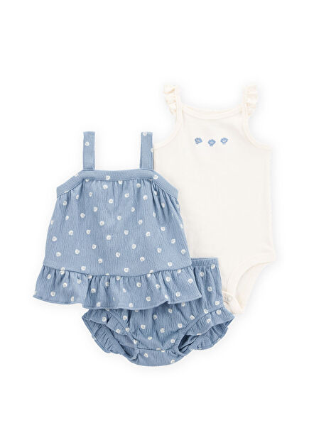 Mavi Fırfırlı Bluz Şort Kız Bebek 3'lü Set