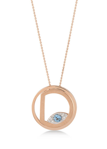 Me Midi “D” Harf Kolye Mavi Topaz Taşlı 14 Ayar Pembe Altın Kadın Pırlanta Kolye