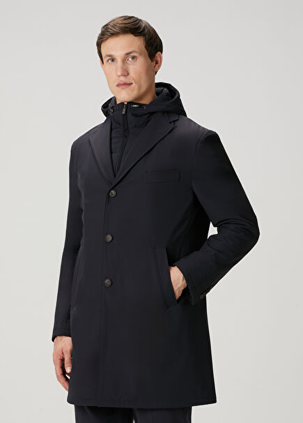 Lacivert Kapüşonlu İç Yaka Detaylı Kaban