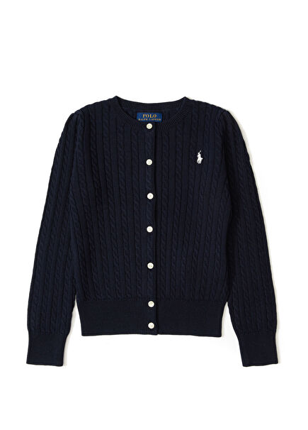 Lacivert Logo Nakışlı Dokulu Kız Çocuk Kardıgan