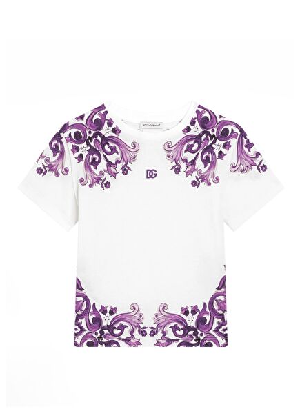 Beyaz Mor Baskılı Kız Çocuk T-shirt