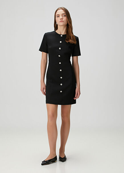 Siyah Taş Düğmeli Mini Elbise