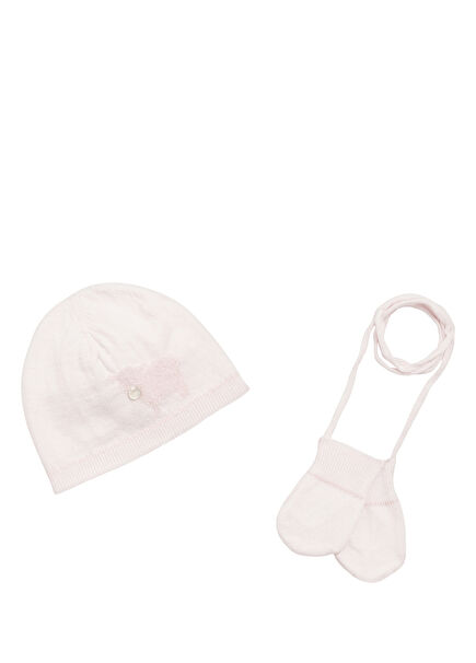 Pink Lamb Figure Baby Girl Beanie & Gloves Set of 2