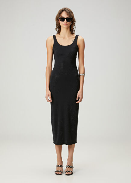 Black Rhinestone Midi Jersey Dress