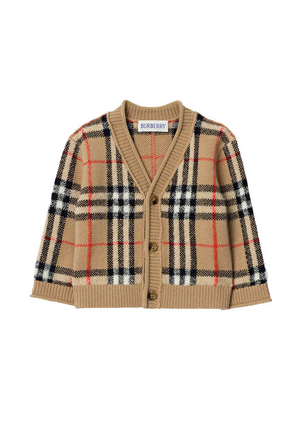 Jenton Check Cardi Beige Wool Cashmere Long Sleeve Unisex Kids Cardigan