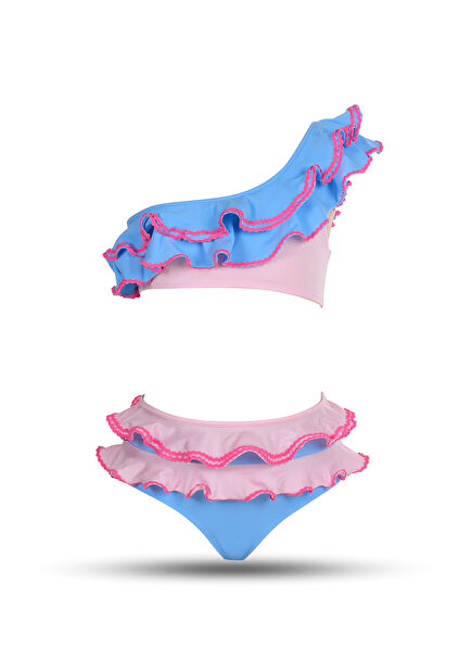 Colorful Ruffled Water Stone Detailed One Shoulder Girls Bikini Set
