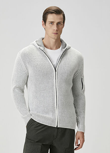 Gri Beyaz Kapüşonlu Hırka