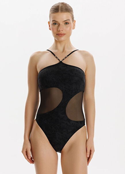 Cecilia Siyah Süet Asimetrik Desenli Kadın Mayo