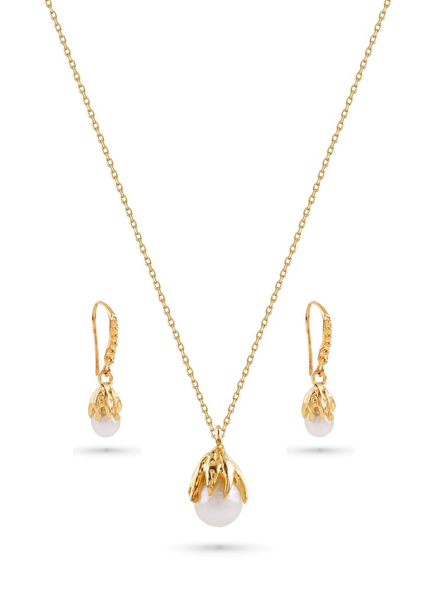 Daisy 925 Ayar Gümüş Üzeri 18 Ayar Altın Kaplama Kadın İnci Kolye ve Küpe Seti 